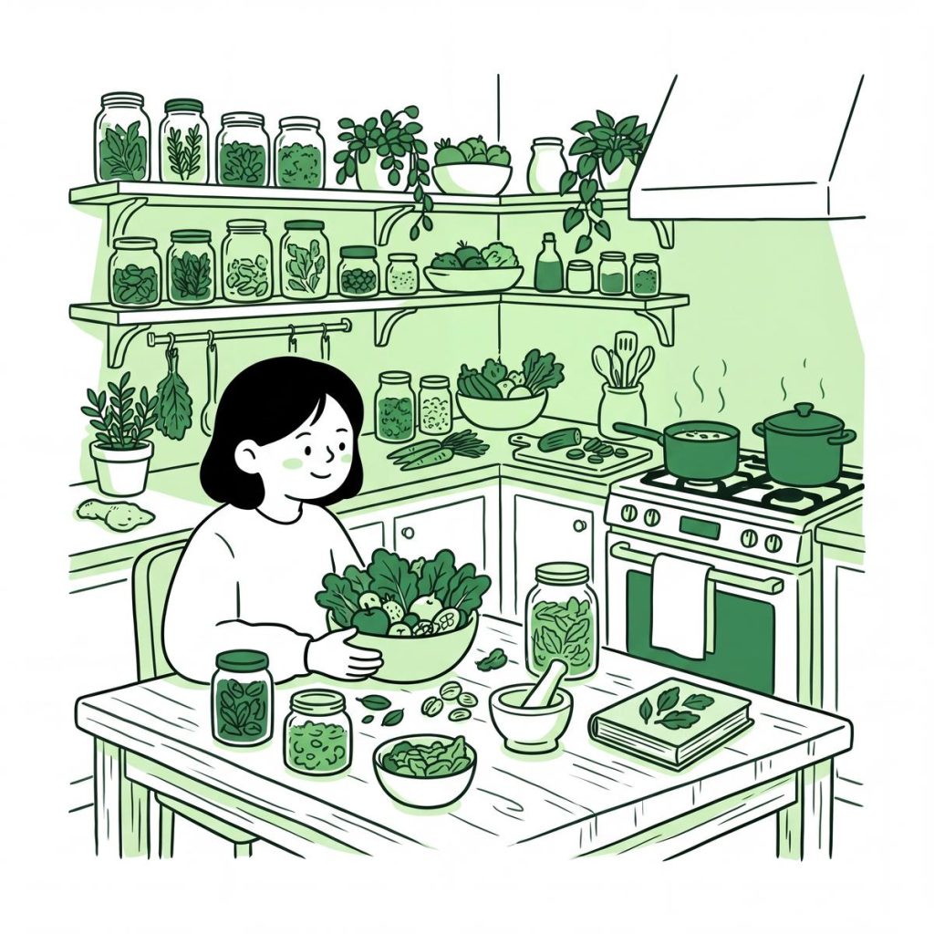 Minh họa căn bếp với thực phẩm tự nhiên – Nhân Y Đạo